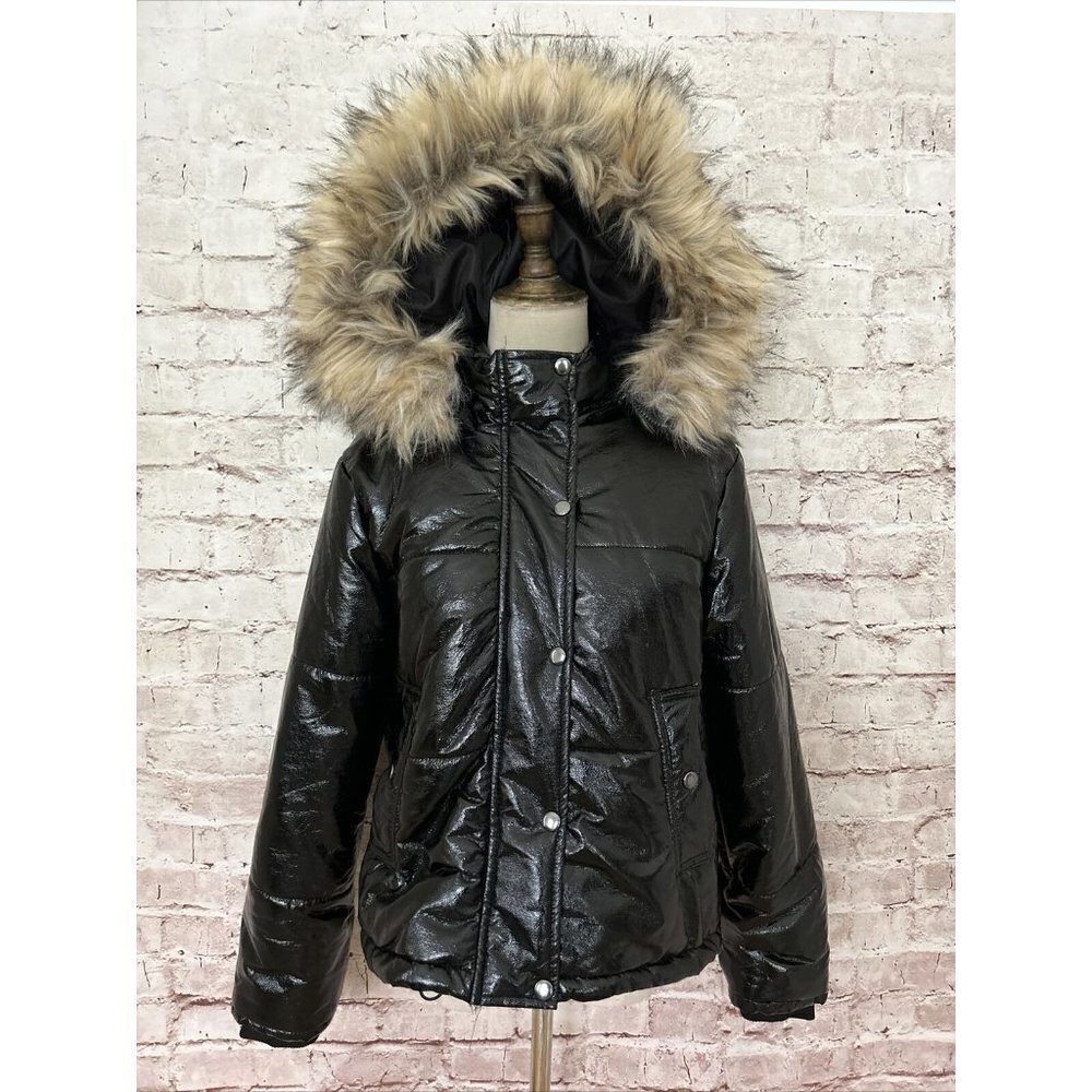 Fashion Nova Bomber Jacket Black Hood Faux Fur Trim Zip Pockets Lined Size M NEW
